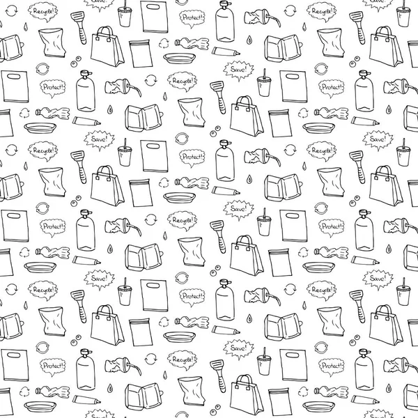 Padrão sem costura de doodle desenhado à mão Pare a poluição plástica —  Vetores de Stock