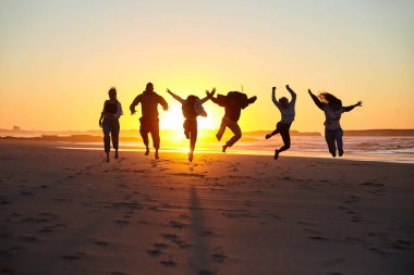 Arkadaşlar güneşli bir plajda atlama
