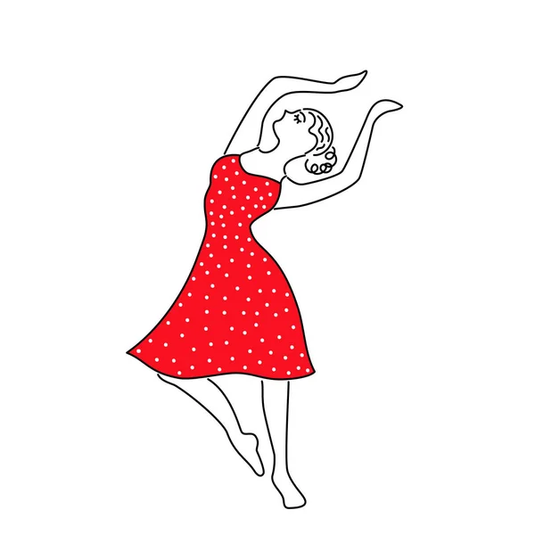 Ilustrasi vektor gadis menari bahagia. Gambar garis . - Stok Vektor