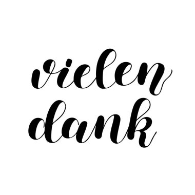 Vielen dank. Almanca çok teşekkürler. Beyaz arka planda yalıtılmış el çizilmiş yazı.