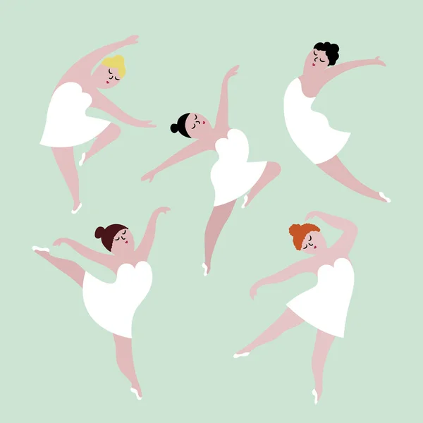 Gelukkig plus grootte dansen meisjes set. Lichaam positieve concept vector illustratie. — Stockvector