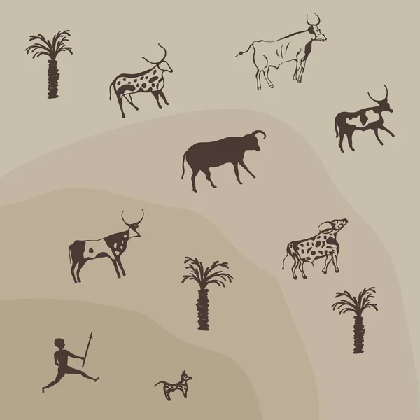 Картина мисливської сцени на печерній стіні. Бісон, мисливець і собака — стокове фото