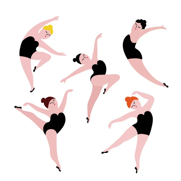 Happy plus la taille des filles de danse ensemble. Illustration vectorielle du concept positif du corps . — Image vectorielle