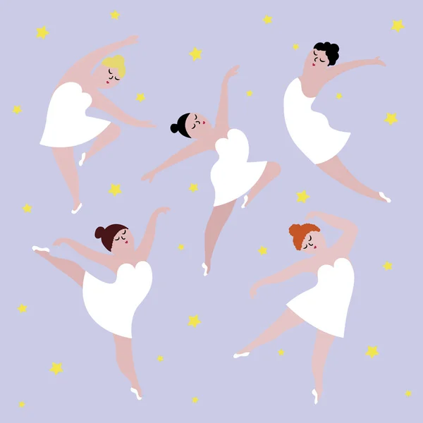 Happy plus size dancing girls set. Body positive concept vector illustration. — Stock Vector