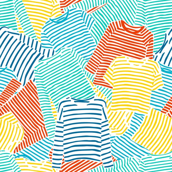 Mano dibujada azul. naranja y amarillo rayas manga larga camisetas patrón sin costuras . — Vector de stock