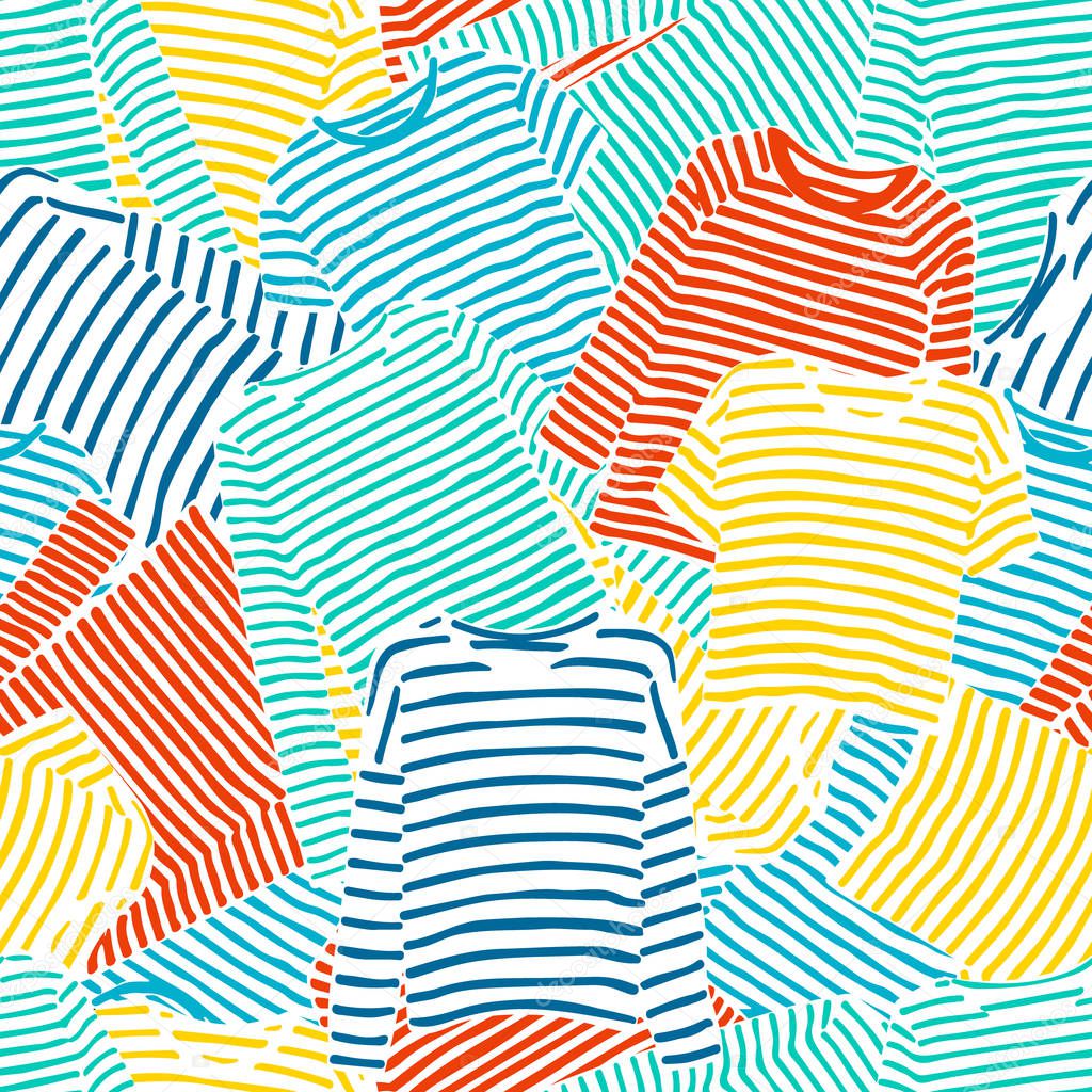 Hand drawn blue. orange and yellow striped longsleeve t-shirts seamless pattern.