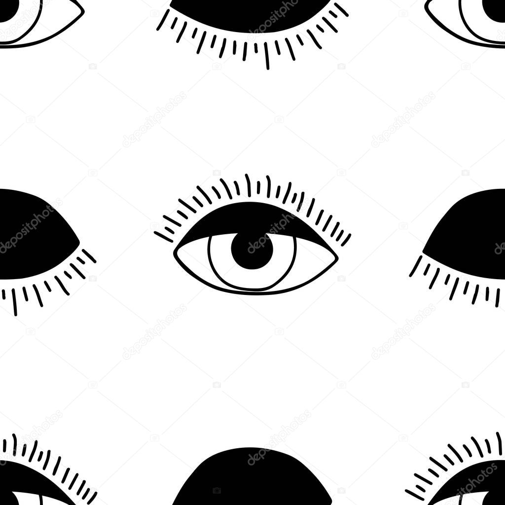Vector hand drawn seamless pattern with open and winking eyes.