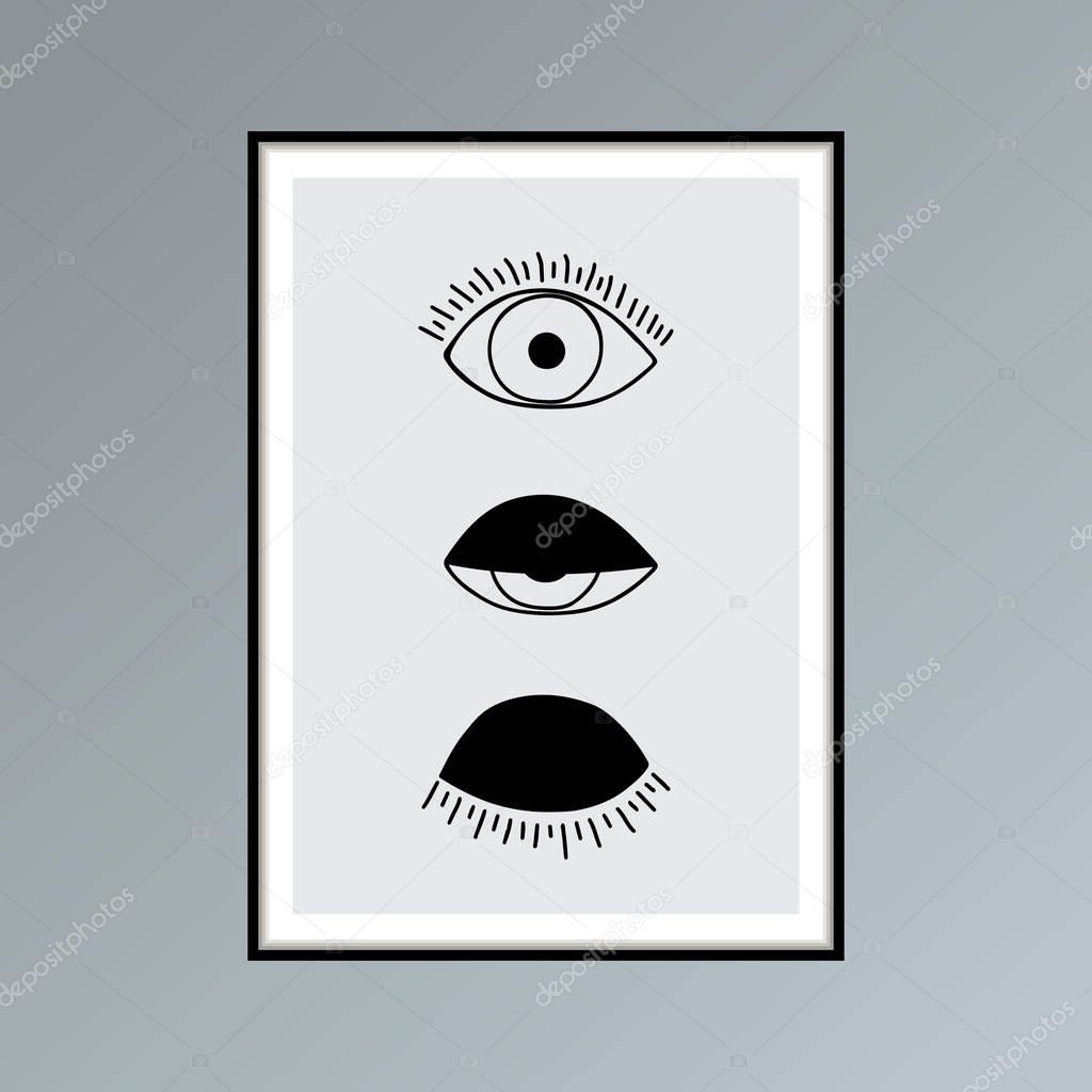 Cartoon open, winking and closed eyes poster in shades of gray for interior decor.