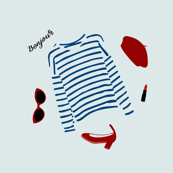 Stilvolles Pariser Outfit mit blau gestreiftem T-Shirt, Schuhen, Sonnenbrille, weinrotem Baskenmütze und rotem Lippenstift. — Stockvektor