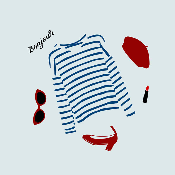 Стильный парижский наряд с синей полосатой футболкой, туфлями, солнцезащитными очками, бордовым беретом и красной помадой
.