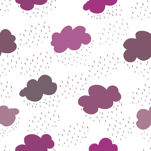 Rosa och lila moln och regndroppar sömlöst mönster. — Stock vektor