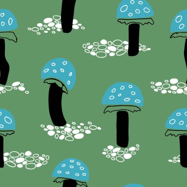 Yeşil arka planda mavi sinek agarik mantar Dikişsiz desen.