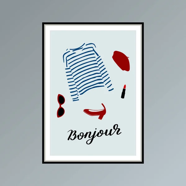 Poster con berretto, camicia a righe a maniche lunghe, rossetto, scarpa e parola scritta a mano bonjour, buona giornata in francese. — Vettoriale Stock