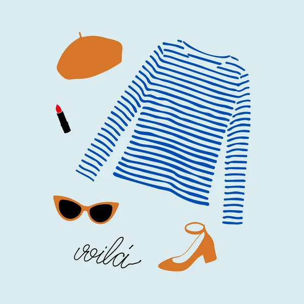 Elegante roupa parisiense ilustração com azul listrado t-shirt, sapatos, óculos de sol, boina laranja e batom . — Vetor de Stock