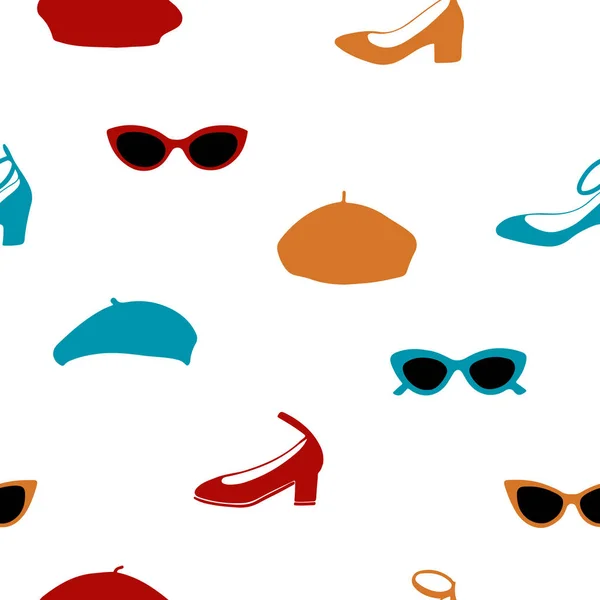 Handgezeichnetes nahtloses Muster mit Sonnenbrille, Schuhen und Baskenmützen. — Stockvektor