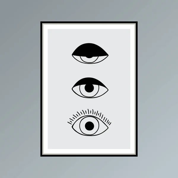 Tecknad öppna, blinkande och slutna ögon affisch i nyanser av grå för inredning. — Stock vektor