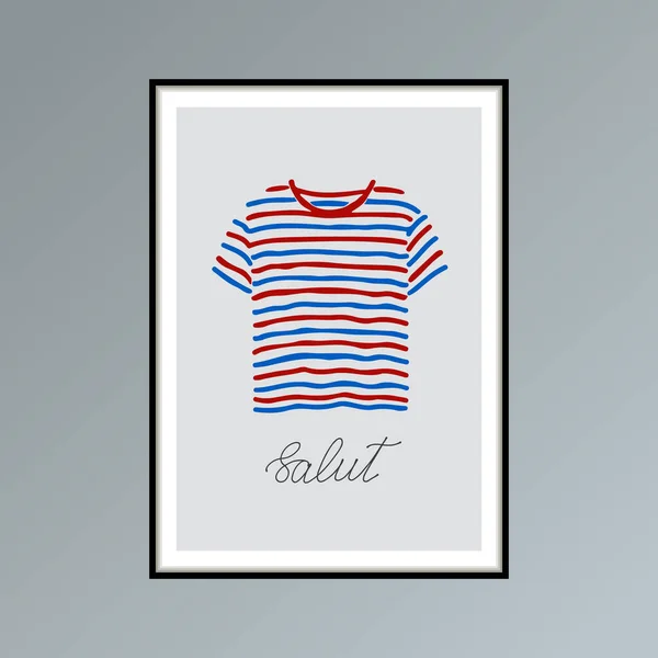青と赤の縞模様のTシャツと手紙の単語の塩と手描きのポスター,フランス語こんにちは. — ストックベクタ