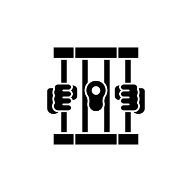 Hapis parmaklıklarını tutan siyah eller, hapsetme ve hapsetmeyi vurgulayan, suç, adalet veya kısıtlamalar için ideal bir grafik siluet oluşturur.