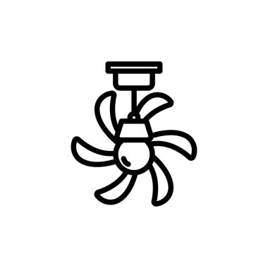 Tavan vantilatörü altı pervane ve bir ışık, tasarım ve dekorasyon projeleri için uygun, temiz beyaz bir arka plana karşı minimalist siyah taslak tarzında sergilenir.