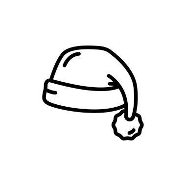 Yumuşak, eğlenceli ponpon ponponu olan Noel şapkası ikonu, beyaz bir arka planda, tatil temalı tasarım unsurları ve yaratıcı projeler için ideal, temiz siyah bir ana hatla tasvir edilmiştir..