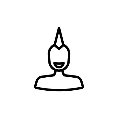 Çizgi sanat ikonu, beyaz arka planda, grafik tasarım projeleri için uygun minimalist bir şekilde sunulan dik saçlı ve görünür omuzlu gülümseyen bir insanı tasvir ediyor..