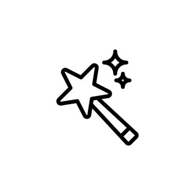 Yıldız ve ışıltılı sihirli değnek beyaz arkaplanda basit bir siyah ana hatla çizilir ve fantezi kavramları için mükemmel bir minimalist simge oluşturulur..