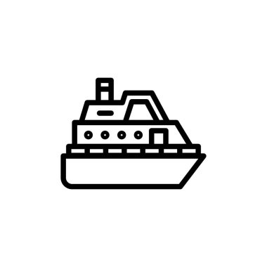 Kara hatlı bir gemi simgesi, deniz ya da deniz pazarlama materyali için ideal, basit, minimalist bir seyahat ve ulaşım temasını ileterek, beyaz bir zemin üzerinde yüzüyor..