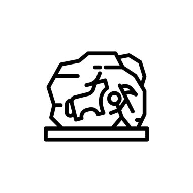 Çubuk avcısı ve hayvan çiziminin yer aldığı tek renkli taş sanatı, eğitim materyalleri için uygun antik tarih ve ilkel sanatı çağrıştıran asgari çizgi sanatı tarzında sergilenmektedir..