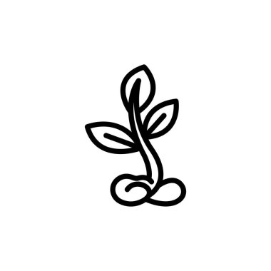 Beyaz arka planda küçük yapraklarla birlikte siyah fidanlar büyüyor, tarım veya botanik temalı pazarlama için uygun tazelik ve basit minimalist tasarım iletiliyor.