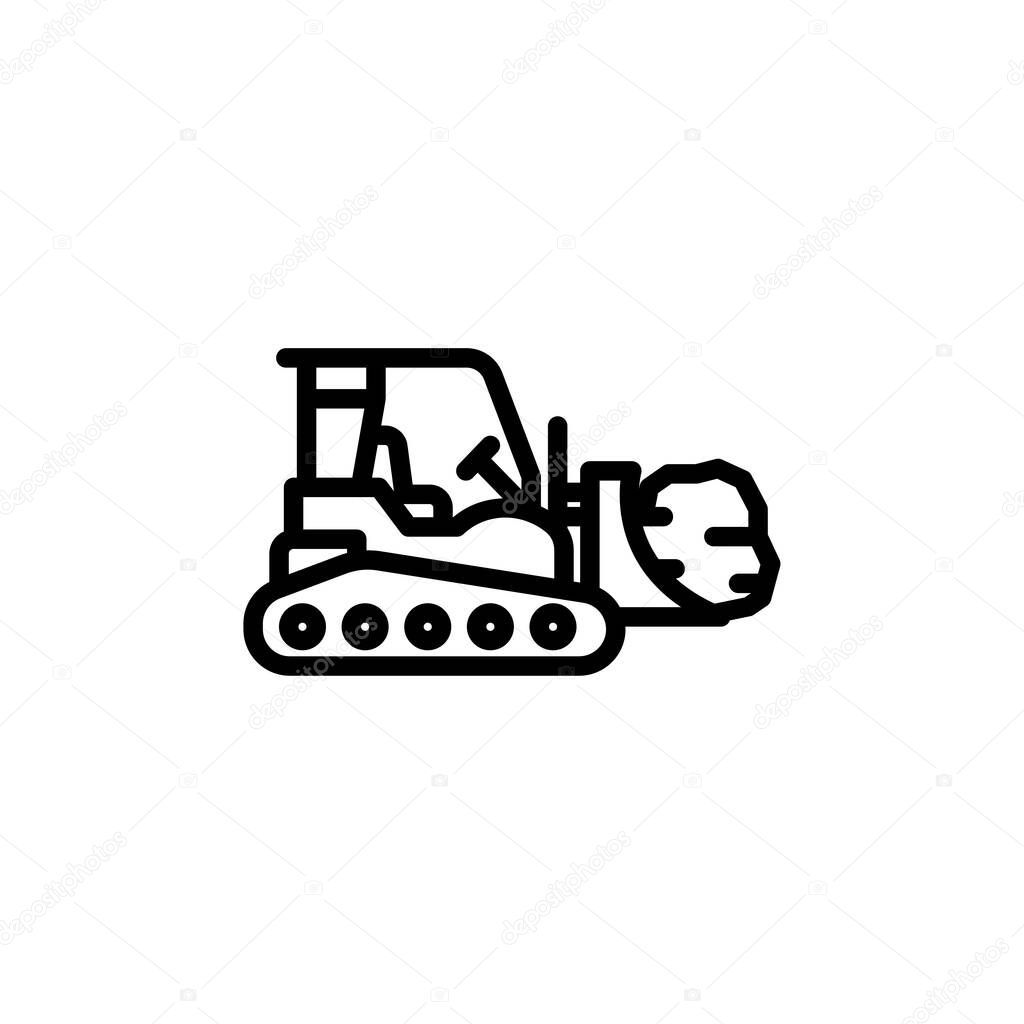 Bold line art bulldozer icon featuring simple design, set against a clean white background, providing a modern, minimalist aesthetic ideal for various construction or machinery-themed design projects.