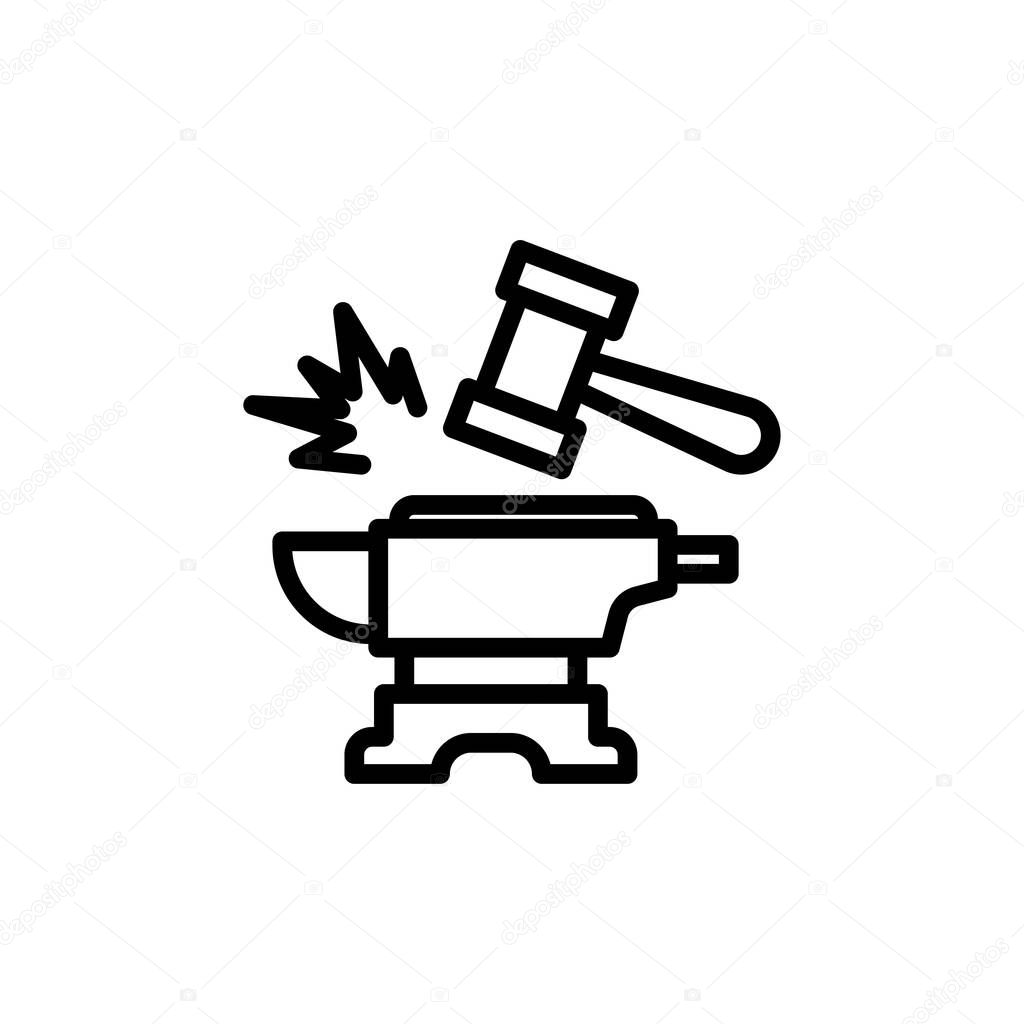 Black anvil is being struck with a hammer, creating sparks, in a minimalist style on a white background for use in manufacturing and engineering content.