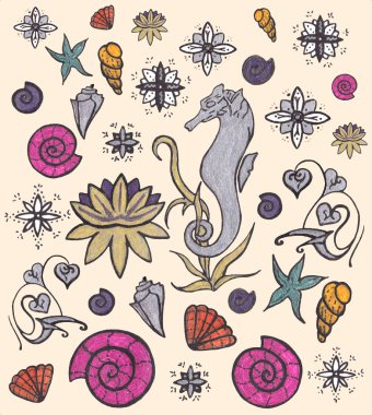 Deniz yaşamını ayarlayın. Sevimli yaratıklar ve hayvanlar. Sualtı yaban hayatı. El çizimi çekilmiş. Kremsi arka plan üzerinde izole tasarım öğeleri.