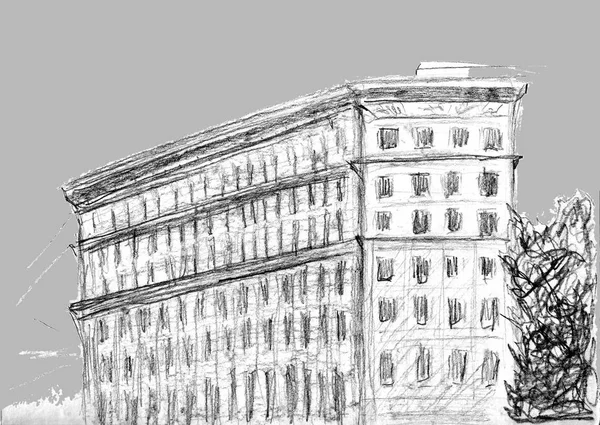 Hand drawn sketch of building. Charcoal pencil technique. Illustration of Hous in European Old town. Vintage travel postcard or poster of architecture. Urban sketching.