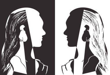 İki kız birbirine bakarak uzun saçlı. Gri ve beyaz vektör çizim. Kadın baş silüeti. Güzel bir genç kız profil. Moda kavramı. Geometrik soyut çizim.