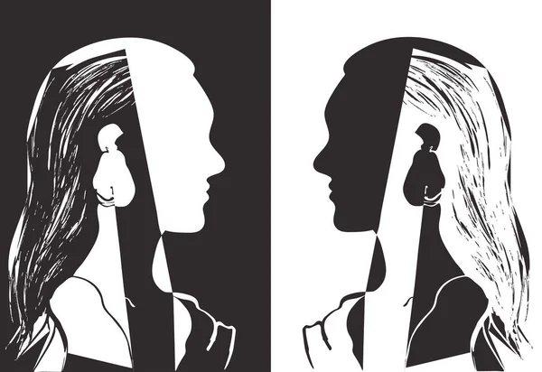 Dos Chicas Con Pelo Largo Mirándose Ilustración Vectorial Gris Blanco — Vector de stock