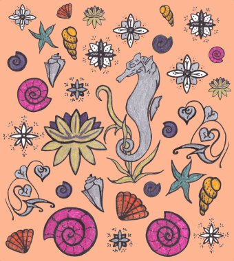 Deniz yaşamını ayarlayın. Sevimli yaratıklar ve hayvanlar. Sualtı yaban hayatı. El çizimi çekilmiş. Öğeleri üzerinde turuncu arka plan izole tasarımı için.