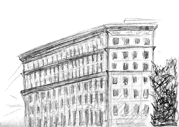 Hand Drawn Sketch Building Charcoal Pencil Technique Illustration Hous European — Stock Photo, Image