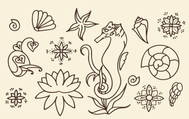 Deniz atı, kabukları ve doodle öğeleri. Grafik Deniz hayat koleksiyonu. Vektör okyanus yaratıklar izole. Vintage kahverengi ve bej renkler. Basit çizgi çizimleri kümesi. Elle çizilmiş illüstrasyon. 