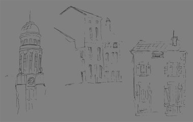 Binaların mürekkep kroki. El illüstrasyon evlerin Avrupa eski şehirde çekilmiş. Seyahat sanat. Üç farklı ev kümesi. Beyaz arka plan üzerinde izole siyah çizgi çizme.