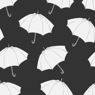 Doodle şemsiye ile Seamless modeli. Kumaş, kumaş, duvar kağıdı, kağıt ambalaj için. Vektör çizim. Elle çizilmiş kroki. Koyu gri arka plan üzerinde beyaz öğeleri.