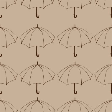 Doodle şemsiye ile Seamless modeli. Kumaş, kumaş, duvar kağıdı, kağıt ambalaj için. Vektör çizim. Sonbahar el çizilmiş kroki. Bej renkli arka plan.
