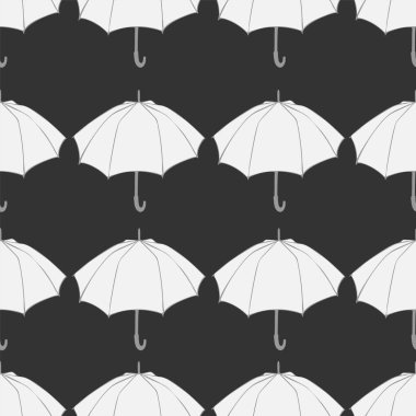 Doodle şemsiye ile Seamless modeli. Kumaş, kumaş, duvar kağıdı, kağıt ambalaj için. Vektör çizim. Elle çizilmiş kroki. Koyu gri arka plan üzerinde beyaz öğeleri.