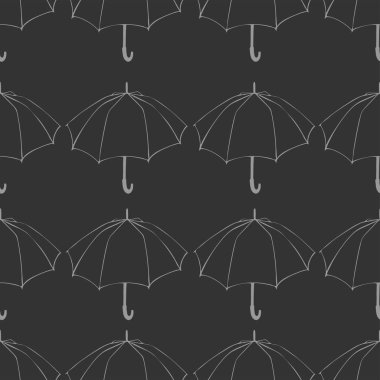 Doodle şemsiye ile Seamless modeli. Kumaş, kumaş, duvar kağıdı için. Vektör çizim. Elle çizilmiş kroki. Koyu gri arka plan. Beyaz çizgi çizme. Yönetim Kurulu taklit tebeşir. Vintage oyma.