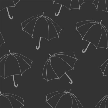 Doodle şemsiye ile Seamless modeli. Kumaş, kumaş, duvar kağıdı için. Vektör çizim. Elle çizilmiş kroki. Koyu gri arka plan. Beyaz çizgi çizme. Yönetim Kurulu taklit tebeşir. Vintage oyma.