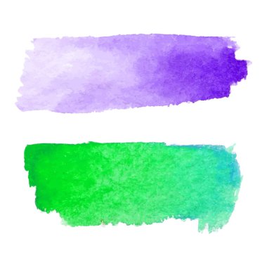 Soyut lekeleri kümesi. Mor ve yeşil renkler. Parlak yaratıcı yatay zemin. Sulu boya doku fırça darbeleriyle. Göl kenarında beyaz arka planda noktalar. Modern renkli tasarım. El boyalı. EPS.