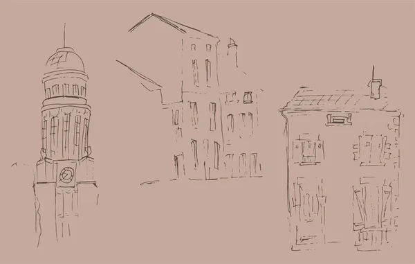 建物のスケッチはインク ヨーロッパの古い町で住宅のイラストを描いた アートワークを旅行します つの異なる家のセットです 白い背景に分離された黒の線画 — ストックベクタ
