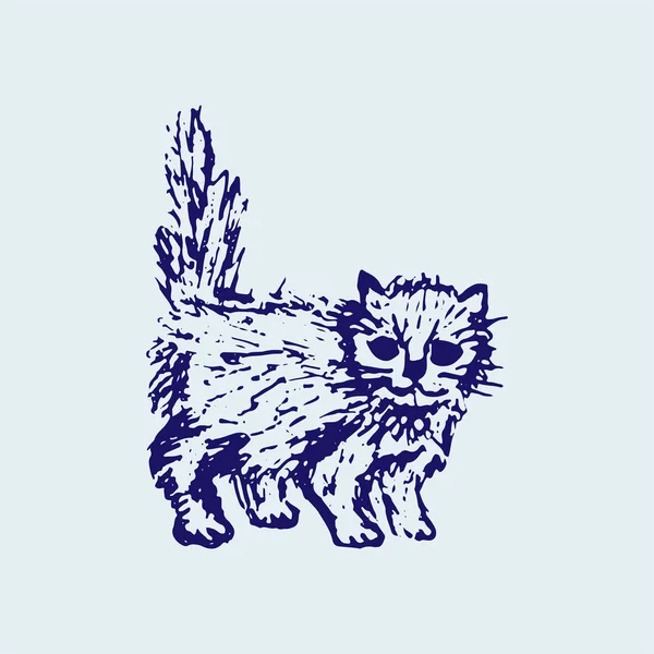 Handgezeichnete Skizze Eines Katzenkätzchens Blaue Farben Tuschezeichnung Niedliches Kleines Haustier — Stockvektor