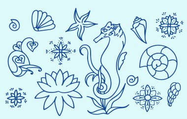Deniz atı, kabukları ve doodle öğeleri. Grafik Deniz hayat koleksiyonu. Vektör okyanus yaratıklar izole. Mavi renkler. Basit çizgi çizimleri kümesi. Elle çizilmiş illüstrasyon. 