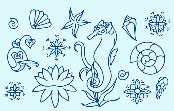 Deniz atı, kabukları ve doodle öğeleri. Grafik Deniz hayat koleksiyonu. Vektör okyanus yaratıklar izole. Mavi renkler. Basit çizgi çizimleri kümesi. Elle çizilmiş illüstrasyon. 