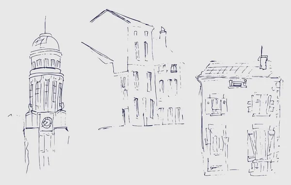 Μελάνι Σκίτσο Των Κτιρίων Χέρι Που Απεικόνιση Των Σπιτιών Στην — Διανυσματικό Αρχείο
